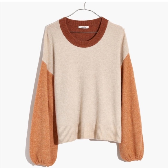 Madewell Cream and Tan Crew Neck Sweater Colorblock Knit merino wool medium - Picture 4 of 14